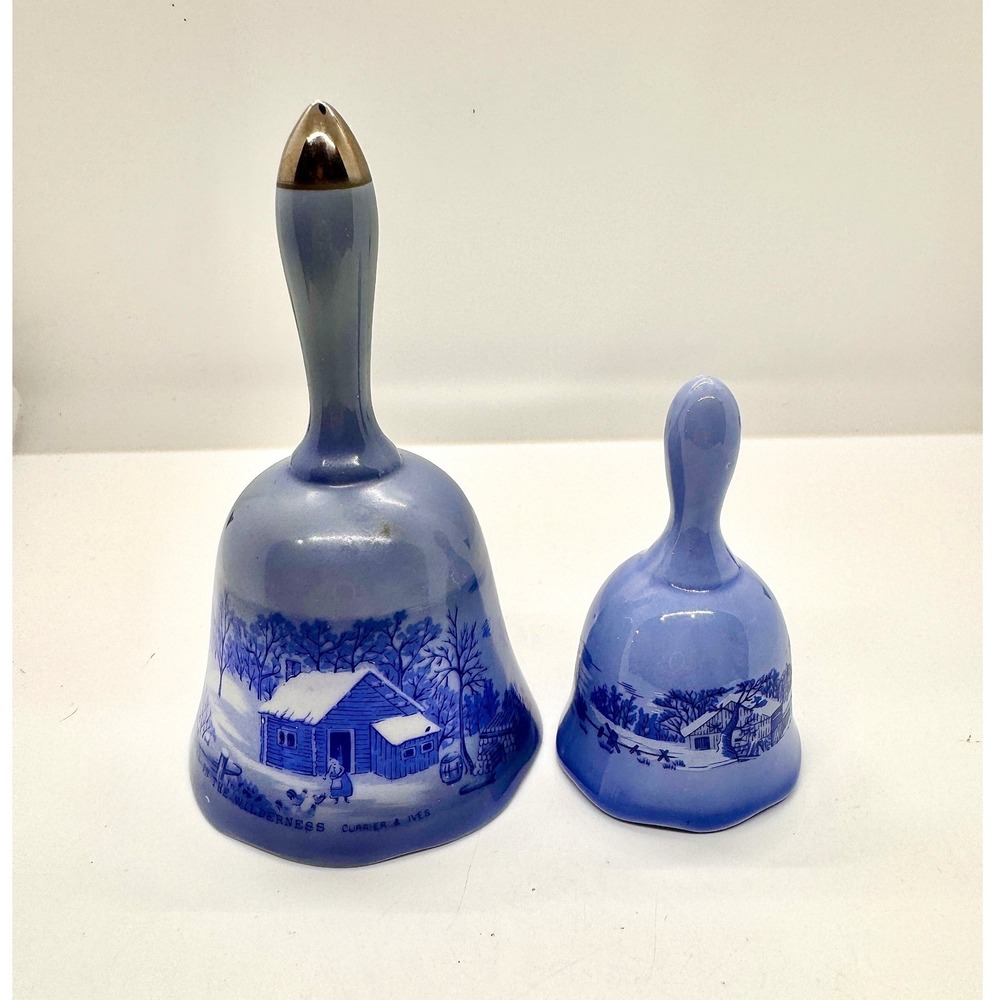 Vintage Currier and Ives Blue White Bells In The Wilderness Winter Set of 2